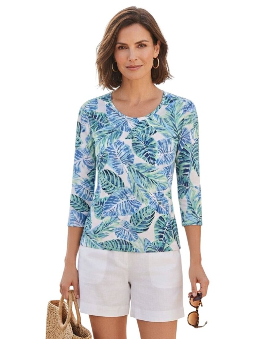 J. Mclaughlin Floral Palm Leaf Print Catalina Top 3/4 Sieeve Resort Wear Size M
